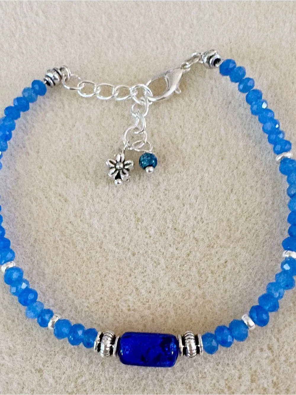Blue Beaded Agate Bracelet with Silver Accents and Czech glass focal